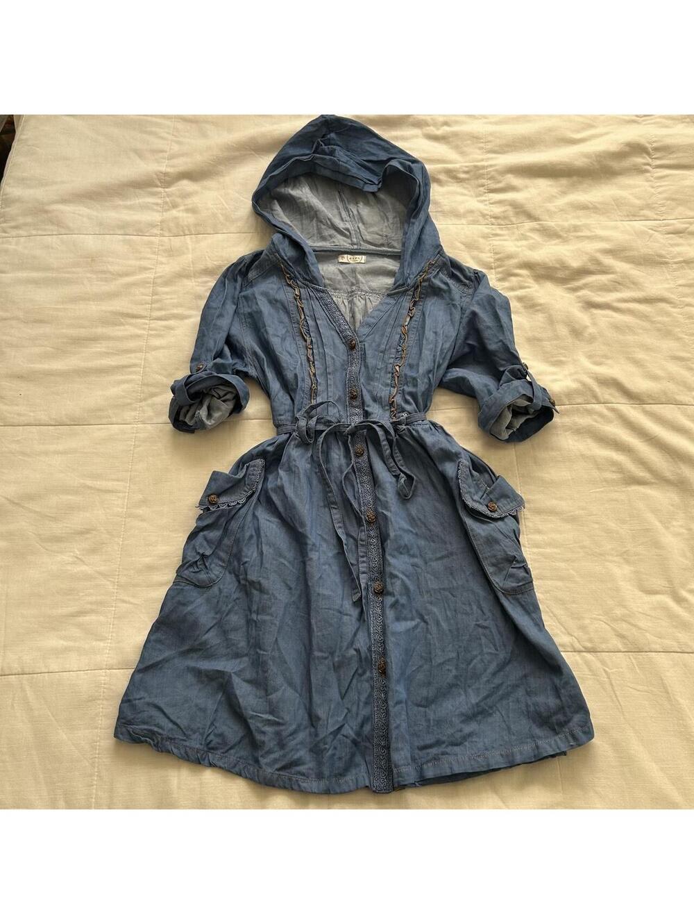 Axes Femme Blue Chambray Hooded Dress Lace Pintuck Button Front M Japan